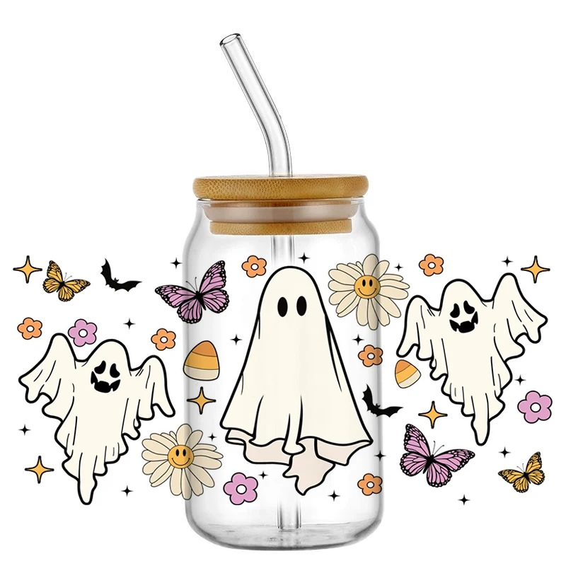 Cute Ghost Decal 3D Washable UV DTF Transfer Sticker Waterproof Transfers Decals for 16oz Glass Cup Wrap Stickers