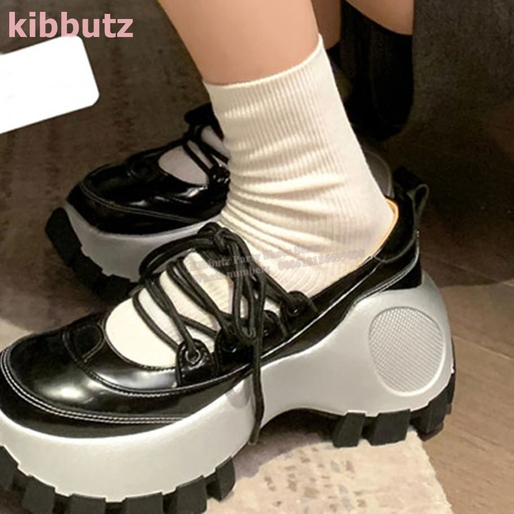 Lace-Up Ballet Pump Sneakers Round Toe Height Increasing Solid Color Patent Leather Fashion Elegant Sexy Party Women Shoes New