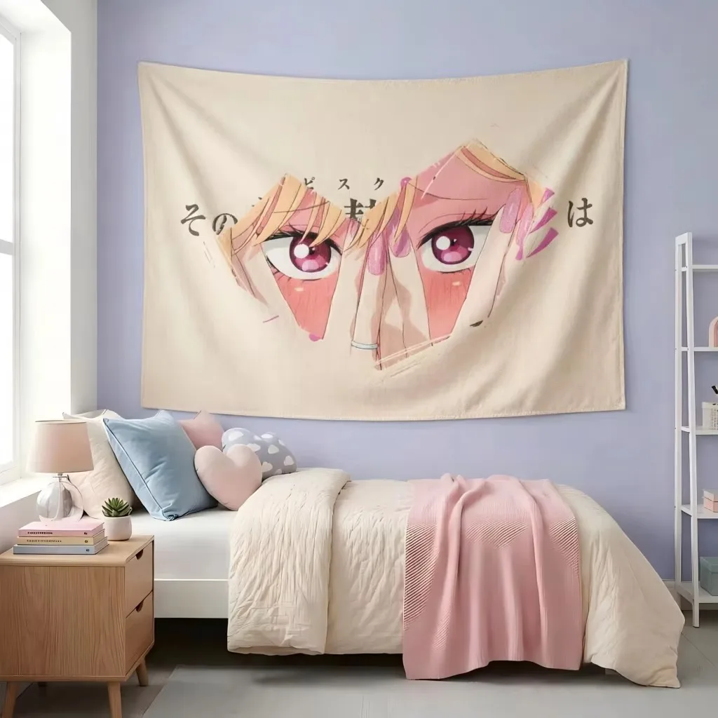 M-Marin K-Kitagawa Close Eyes Tapestry, Blush Girl Torn Paper Frame Y2K Kawaii Wall Hanging for Bedroom Dorm Living Room Gift