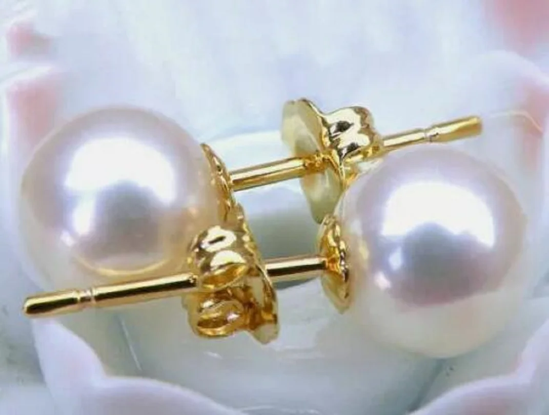 Best-selling AAAA 7-8mm round natural Akoya white pearl earrings 14K