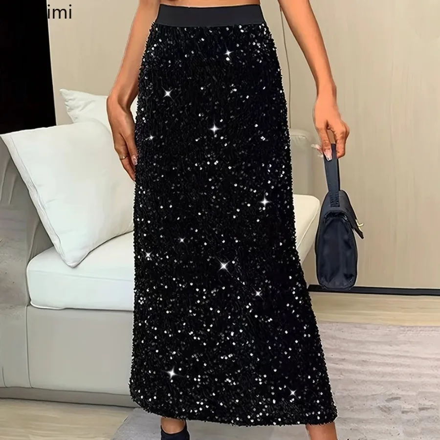 New Women Black Sequin Straight Maxi Skirt High Waist Slim Elegant Skirt Sparkly Party Stage Commute Versatile Casual Long Skirt
