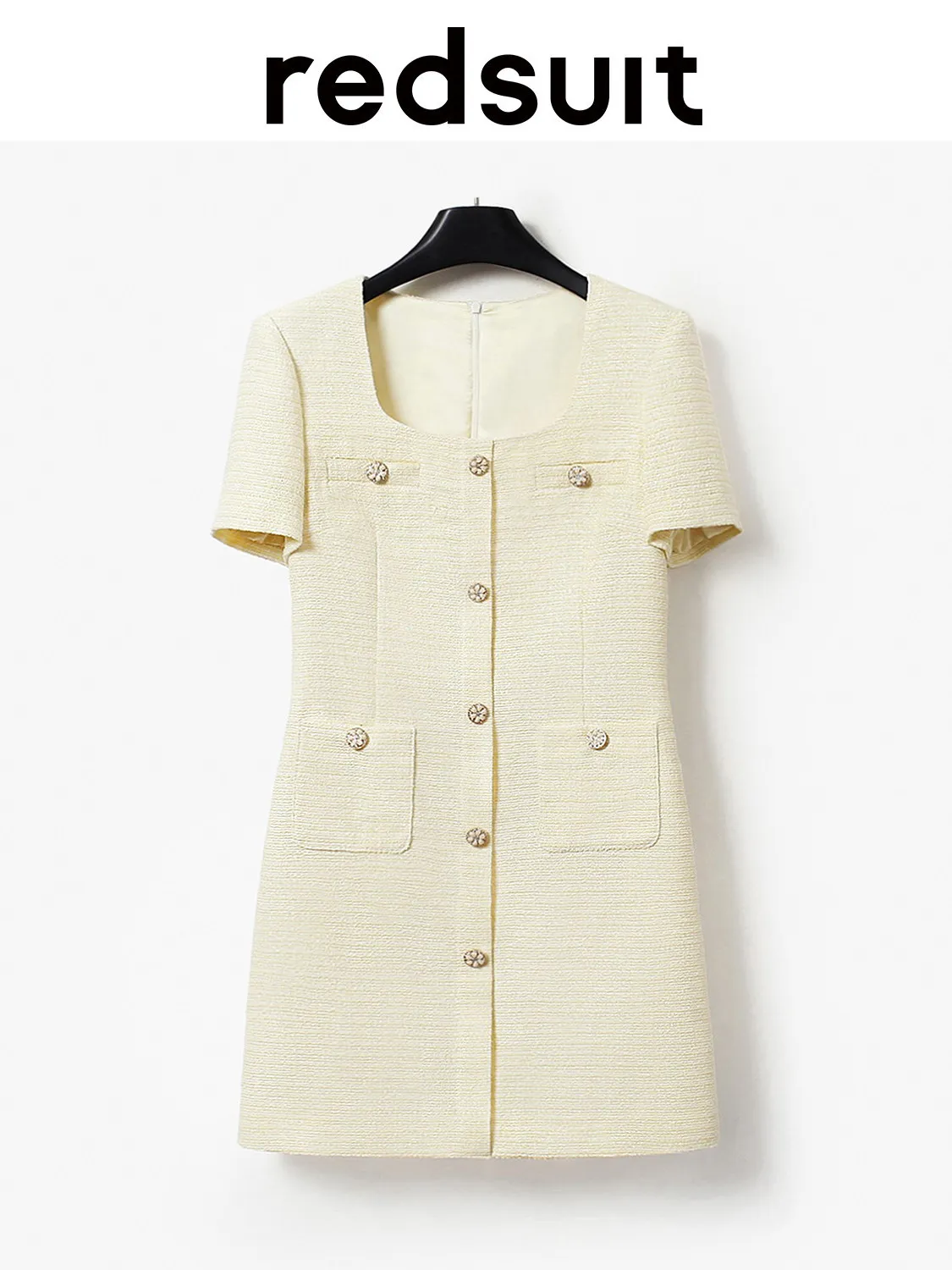 New Exquisite yellow lightweight tweed U-neck mid length dress Custom size
