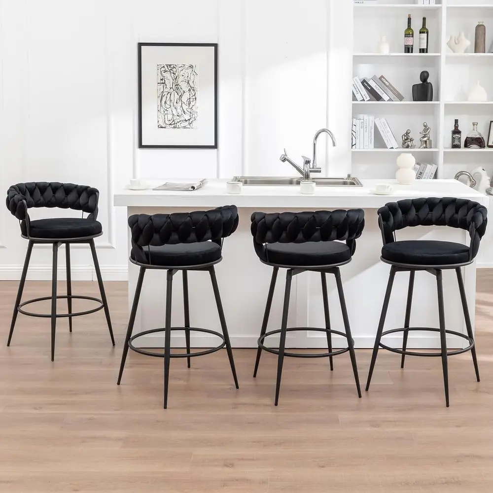 

Bar Stools Set of 4, Modern Barstools with Woven Back, Velvet Counter Height Bar Stools for Kitchen Island, Cafe, Pub, Black