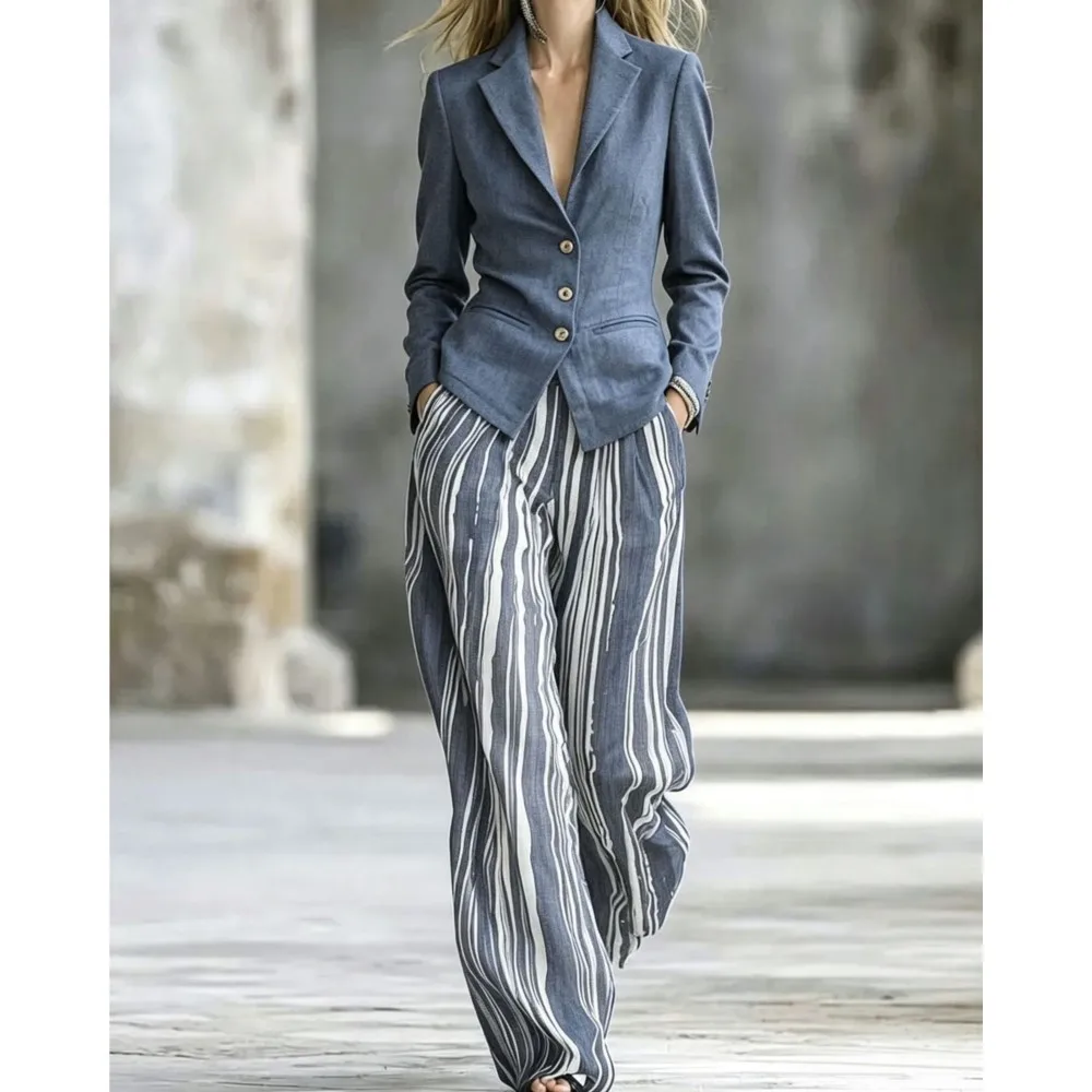 Commuting Style Long Pants Set Elegant Autumn Winter Versatile Single Breasted Long Sleeved Suit Jacket Long Pants Two-piece Set 3