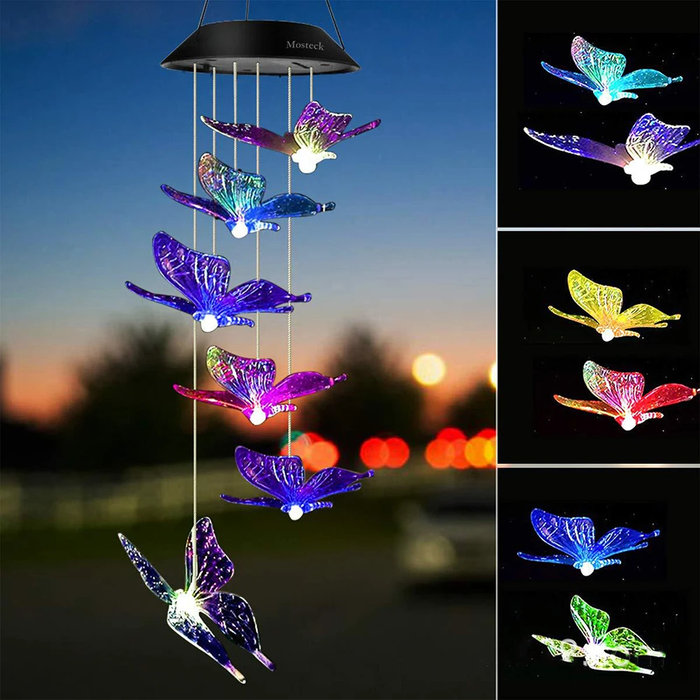 LED Solar Wind Chime Light Color Changing Butterfly Hanging Lamp for Garden Yard