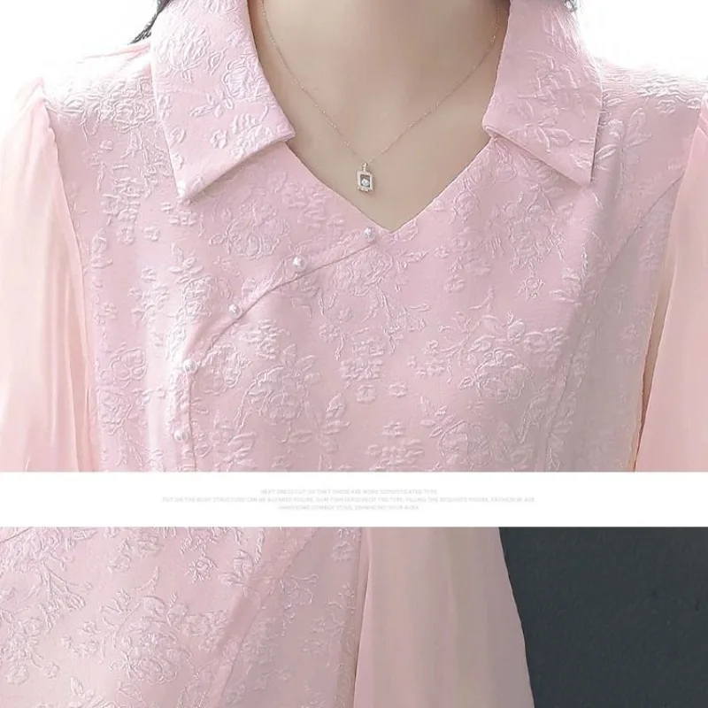 2024 Women Summer New Chinese Style V-neck Spliced Gauze Solid Color Button Beading Versatile Slim Embroidered Short Sleeve Tops