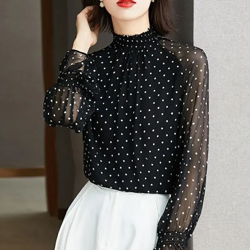 Office Lady Stand Collar Stylish Shirring Blouse Female Clothing Polka Dot Printed Spring Autumn Chic Pearl Button Korean Shirt