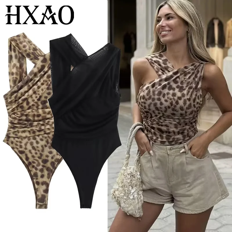 

HXAO женское боди из леопардового тюля, плиссированное боди с асимметричным животным принтом для женщин, летнее сексуальное сетчатое черное боди с открытой спиной