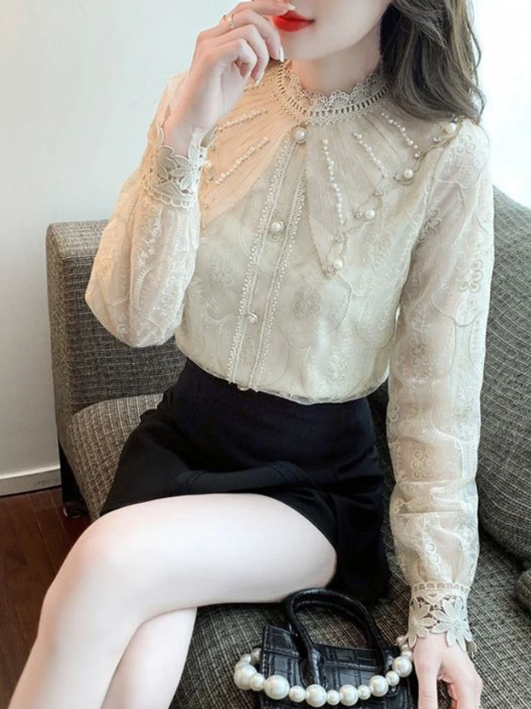 Spring Autumn Blouses Stand Collar Long Sleeve Solid Color Lace Patchwork Beading Shirts Fasion Elegant Design Women's Clothing