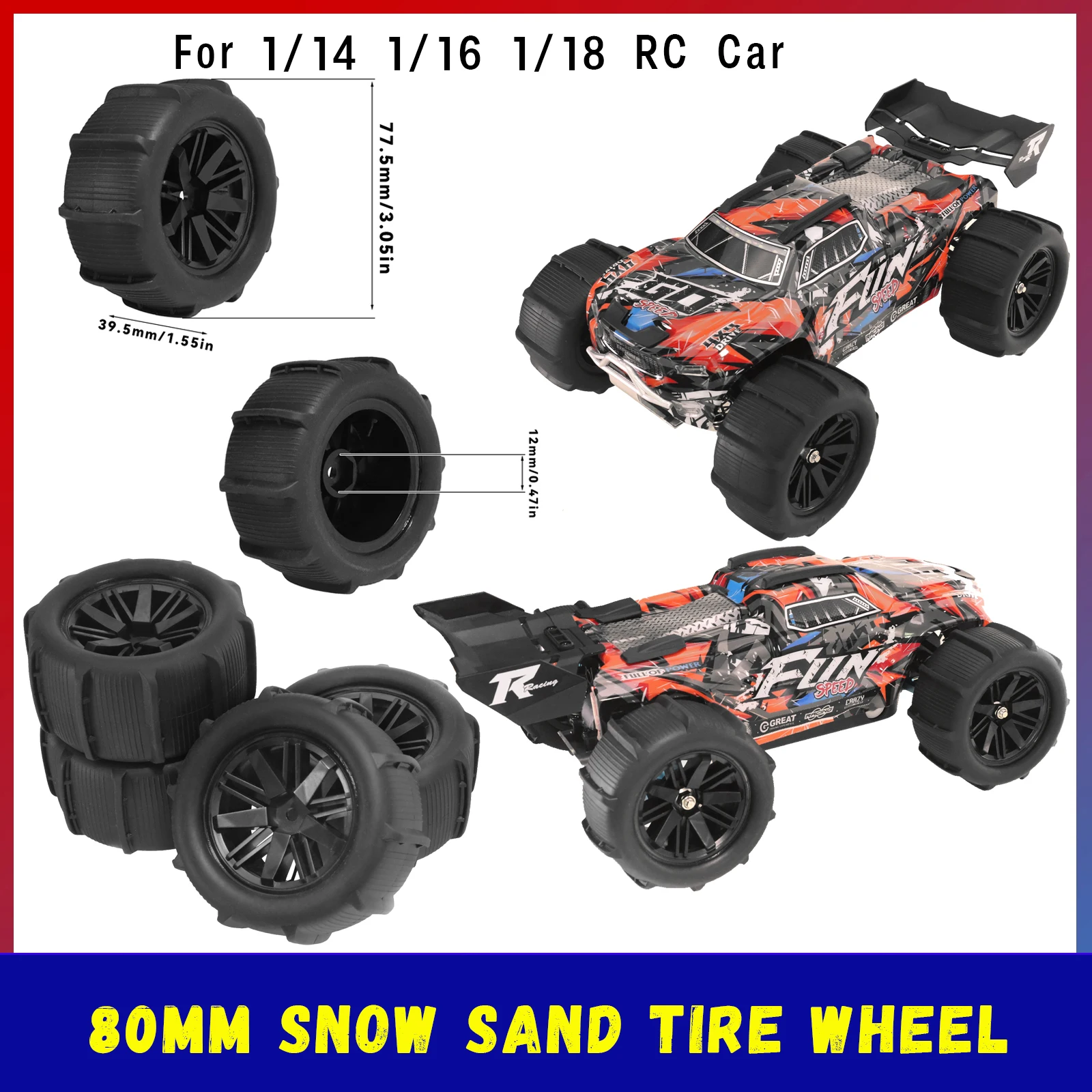 4Pcs 80Mm Snow Sand Tire Wheel Parts For SCY 16101 16102 Pro Wltoys 144001 144010 12428 124019 HBX 16889 SG1601 MJX H16 16207