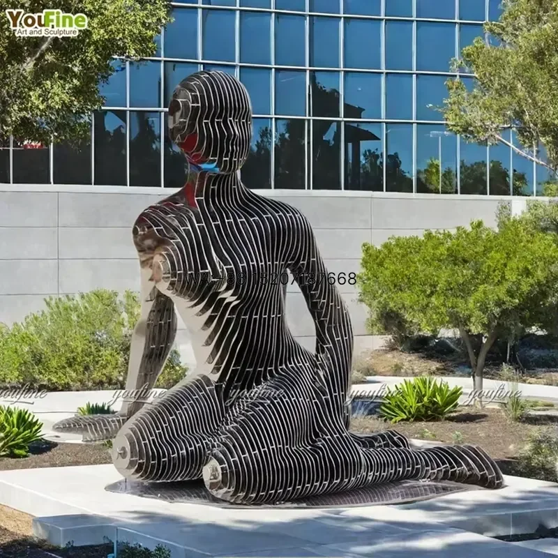 Wmwmnu for YouFine Modern Sliced Stainless Steel Sitting Woman Sculpture Mirror Polished Abstract Lady Human Figure for