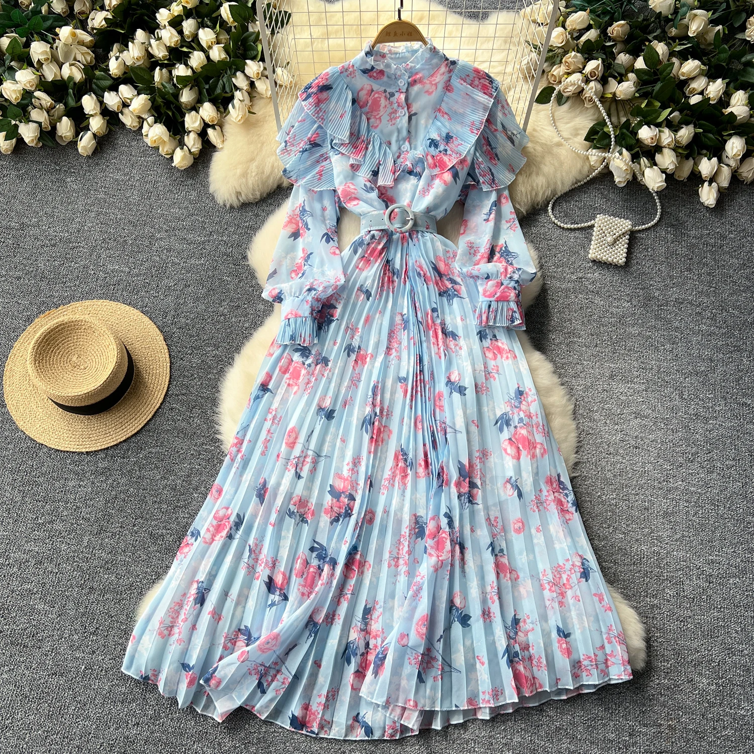 Retro Print chiffon Elegant Dress A-line lool Sleeve  Vacation Party Women summer Spring ruffle PATCHWORK Vestidos dresses