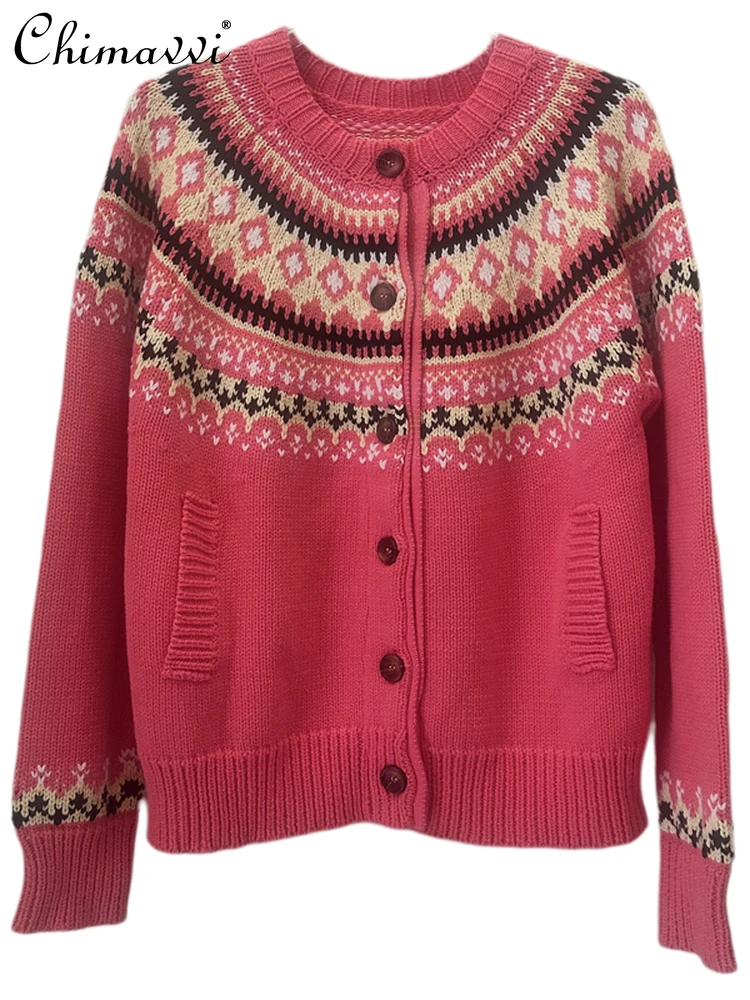 2025 ملابس الشتاء عيد الميلاد جديد سترة معطف موضة الجولة الرقبة فتاة الرجعية الجاكار فضفاضة عادية كم طويل سترة مشغولة من الصوف