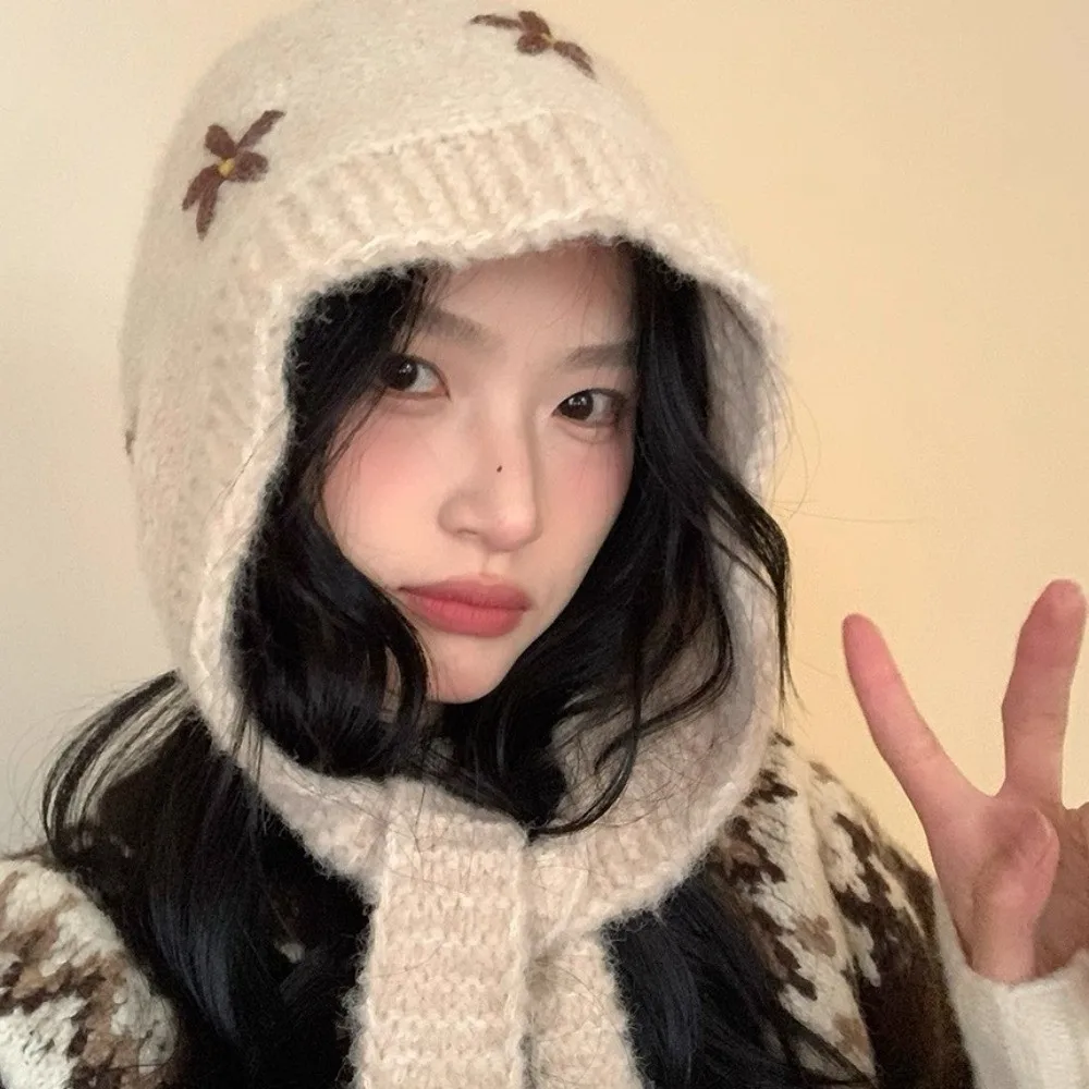 

Casual Sweet Knitted Balaclava Hat Woolen Keep Warm Neck Collar Beanies Cap Coldproof Polyester Pullover Cap Girls