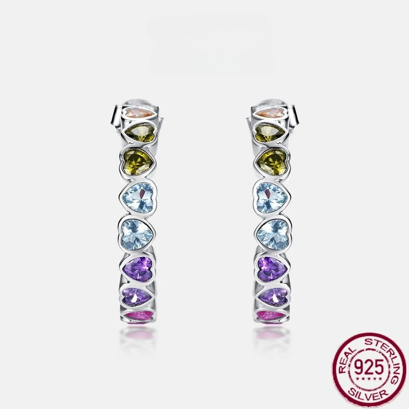 

New 925 pure silver heart-shaped design with rainbow zirconia inlay and colorful zircon fashionable earrings for wedding jewelry