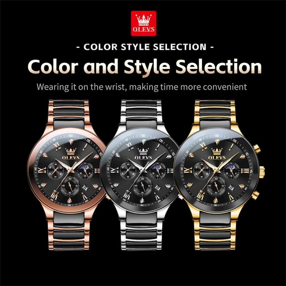 OLEVS 7004 Mens Watch Brand Quartz Watch Ceramic Strap Waterproof Luminous Moon Phase Automatic Date Men's Wristwatch with box