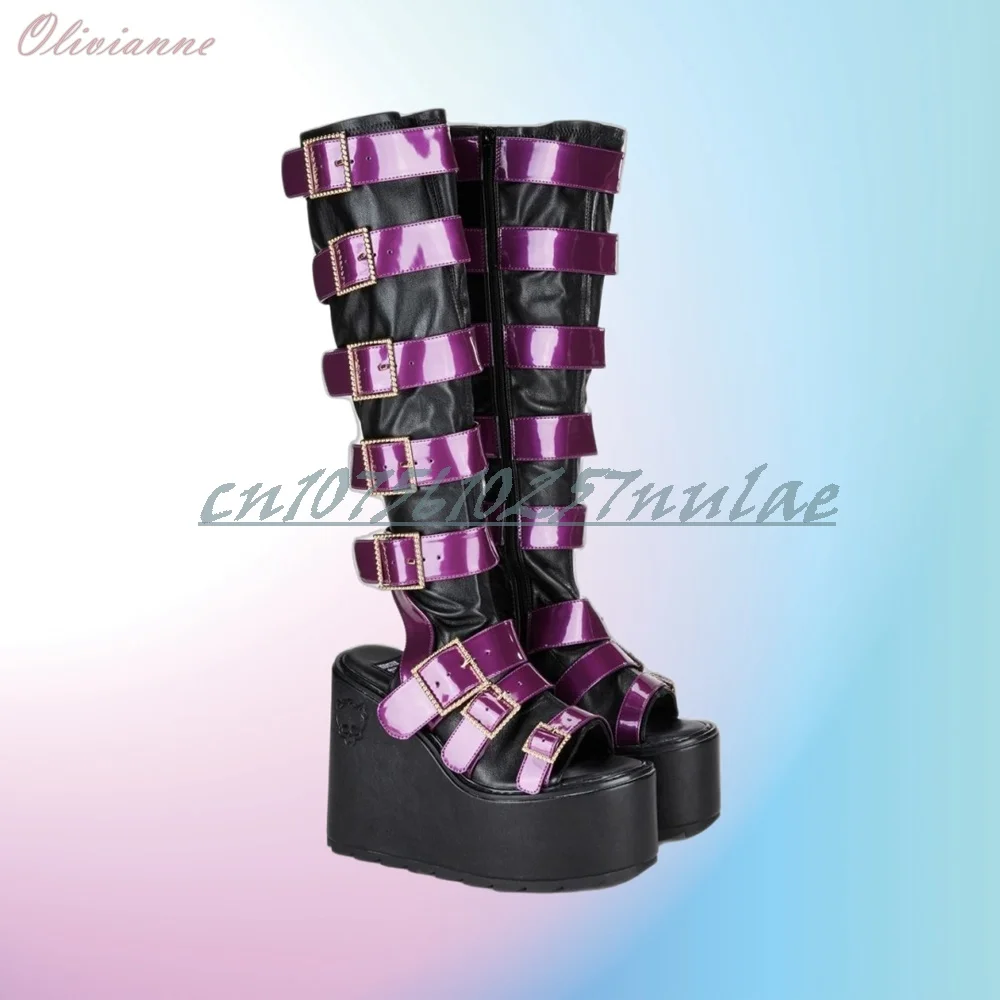 Preto e roxo fivela cintos decoração meados de bezerro botas dedo do pé aberto cunhas salto alto festa 2025 verão sapatos femininos zapatos para mujere