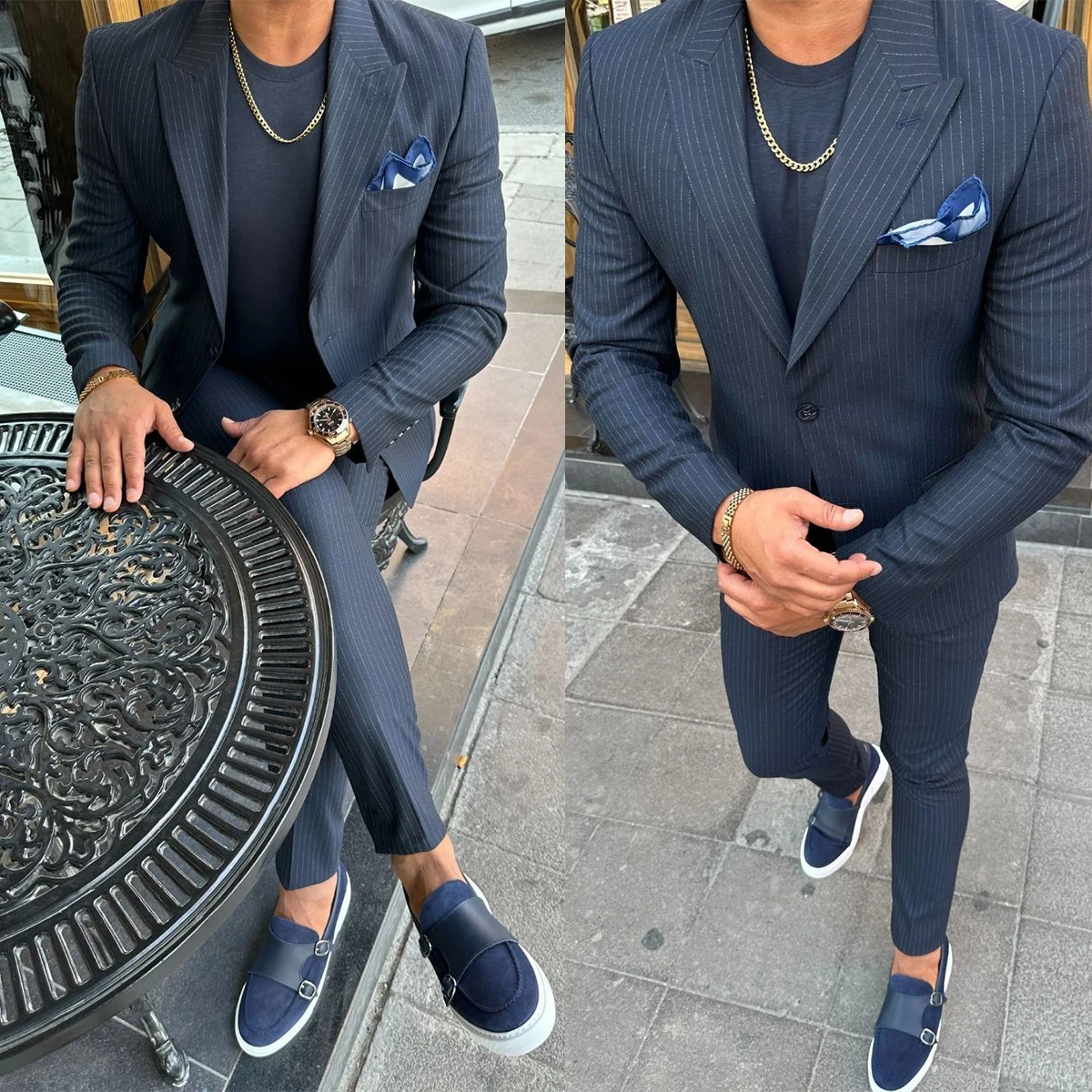 Plus Size Navy Blue Striped Men Tuxedos For Wedding Groom Slim Fit Jacket costume homme mariage 2 Pieces Pants Suits