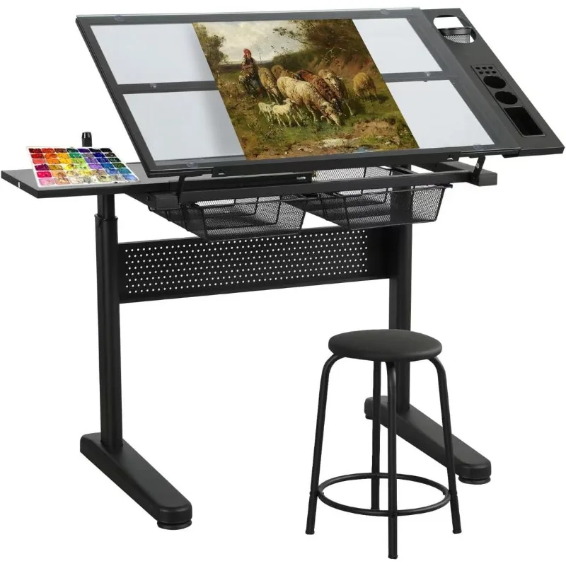 Drafting Table Art Desk – Drawing Desk Glass Art Drawing Table Artist Desk Crafts Table - Upgraded