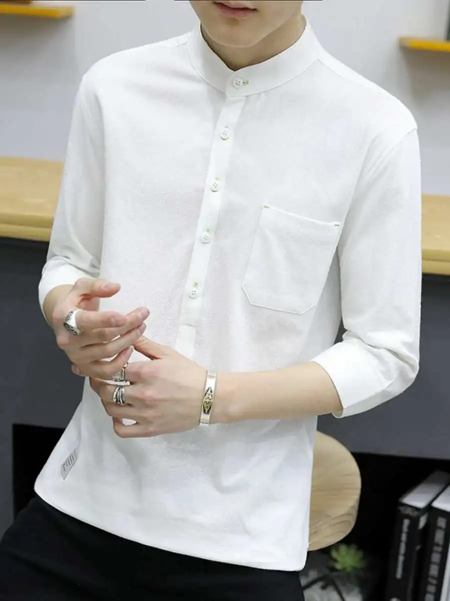 

Casual Men's Shirt Summer New Loose Fit Teenage Seven-Quarter Sleeve Casual Shirt Travel Tour Short Sleeve Stand Collar