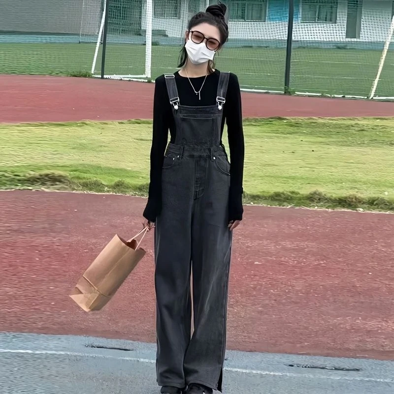 

Женский джинсовый комбинезон с боковыми разрезами, модный дизайн, свободный крой, прямые брюки, весна-осень, длинные брюки, трендовый повседневный стиль