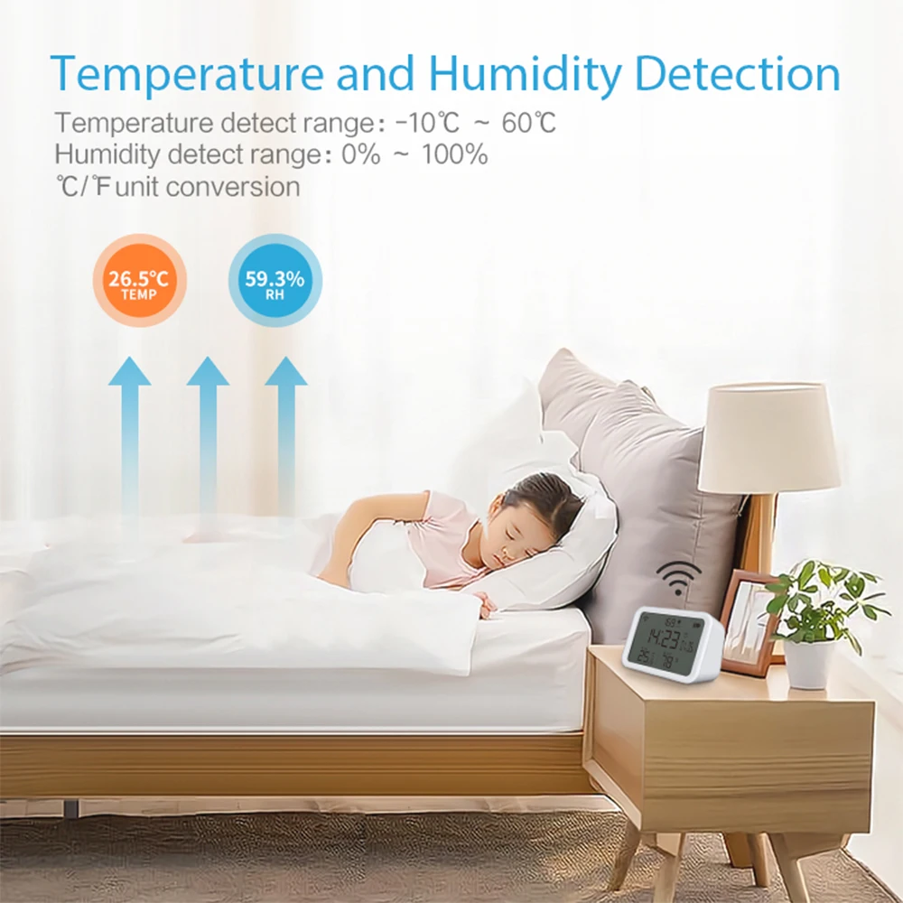 Tuya Smart WiFi 4-IN-1 Temperature Humidity Sensor Light Intensity Detector Time Display Alarm Clock Fit Alexa Google Assistant