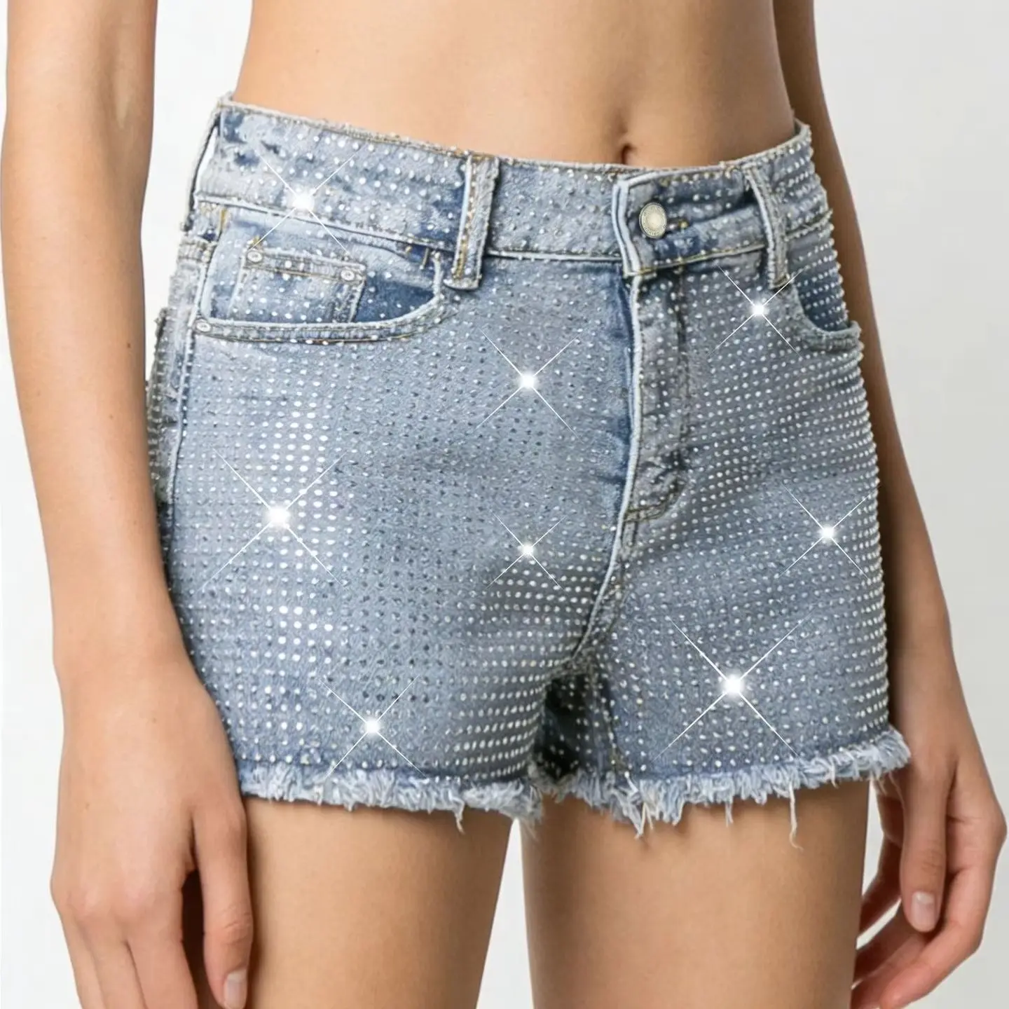 

2026 New Full-Bejeweled Elastic Blue Frayed Denim Short Shorts for Women Clothes Trendy Versatile Hot Short Pant шорты женские