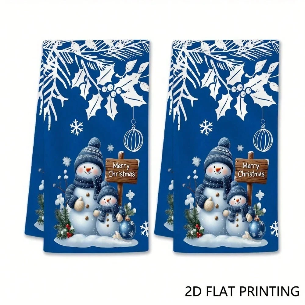 2pc Christmas Snowman Kitchen Towels - Blue Holly Berry Design, Absorbent Polyester for Party Home Use