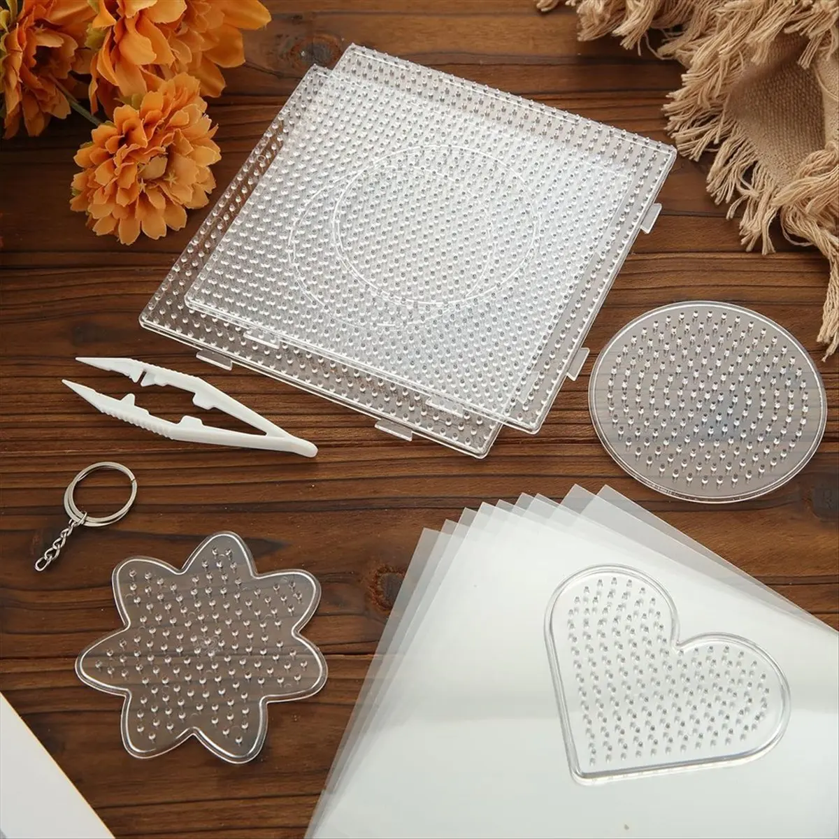 【BAAQ】 Fuse Beads Pegboards Boards, Fuse Bead Boards Large Clear Pegboards with Paper-and Beads Tweezers, Key Ring for DIY Arts