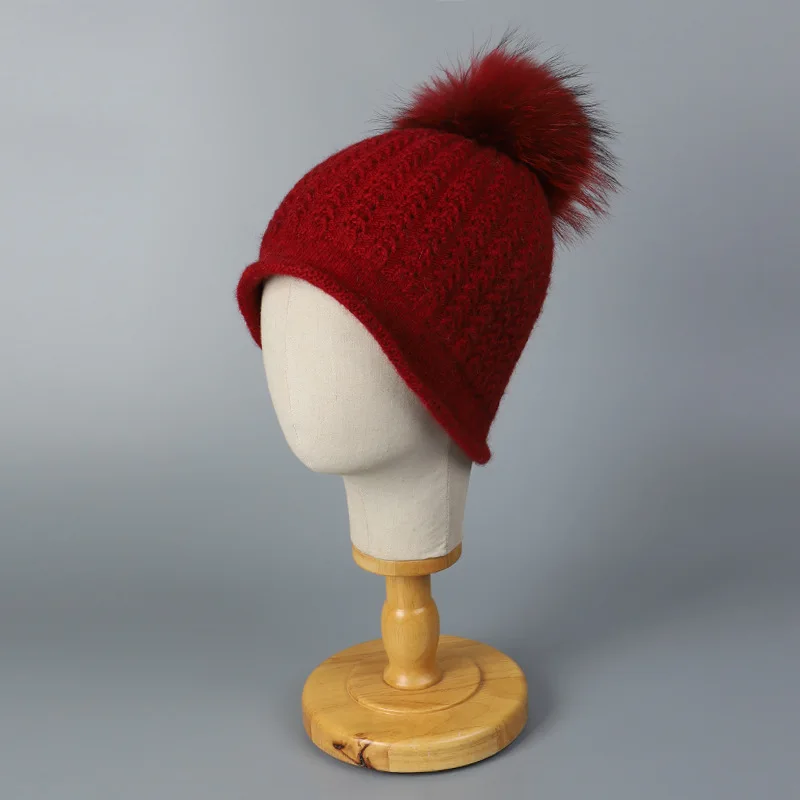 

Hat Women Winter Knit Beanie Pompom Of Real Raccoon Fur Yakwool Warm Skiing Accessory For Autumn Sports Outdoors