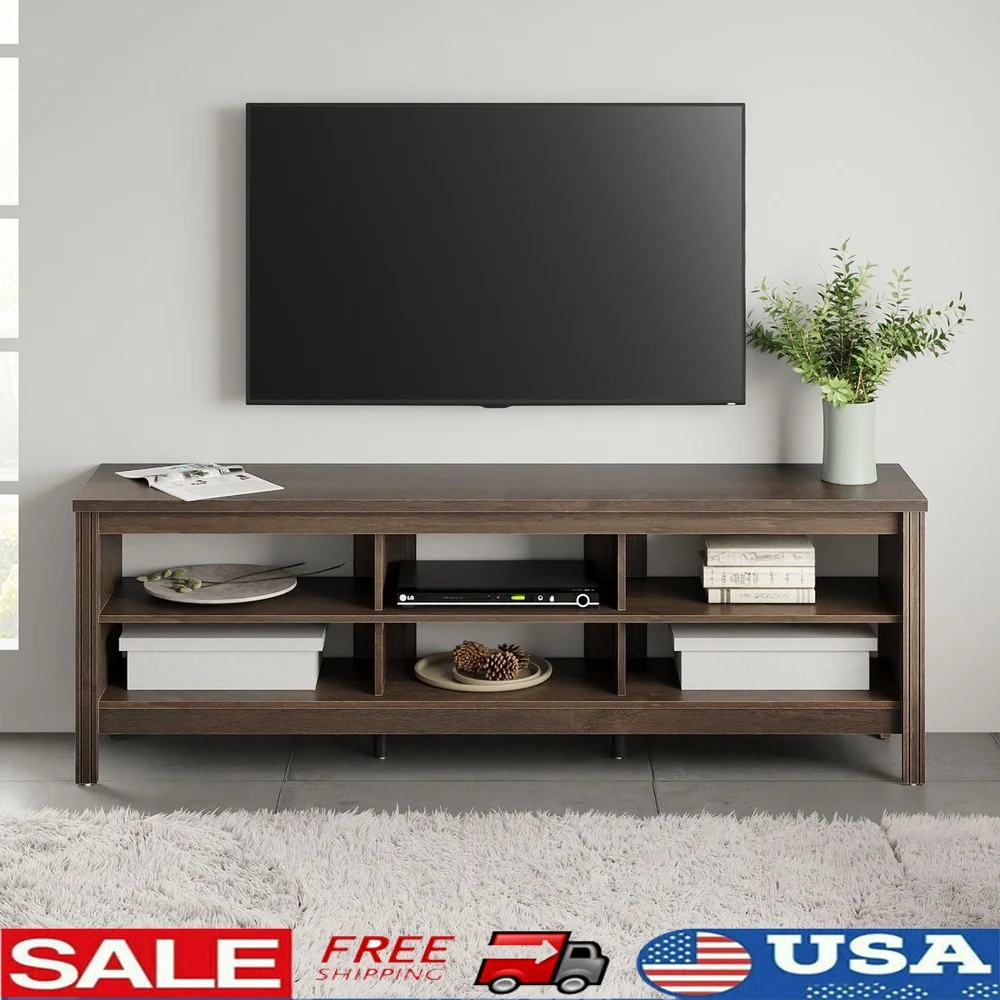 

Espresso Wood TV Stand 75 Inch TV Entertainment Center with 6 Open Shelves Durable MDF Media Console Table