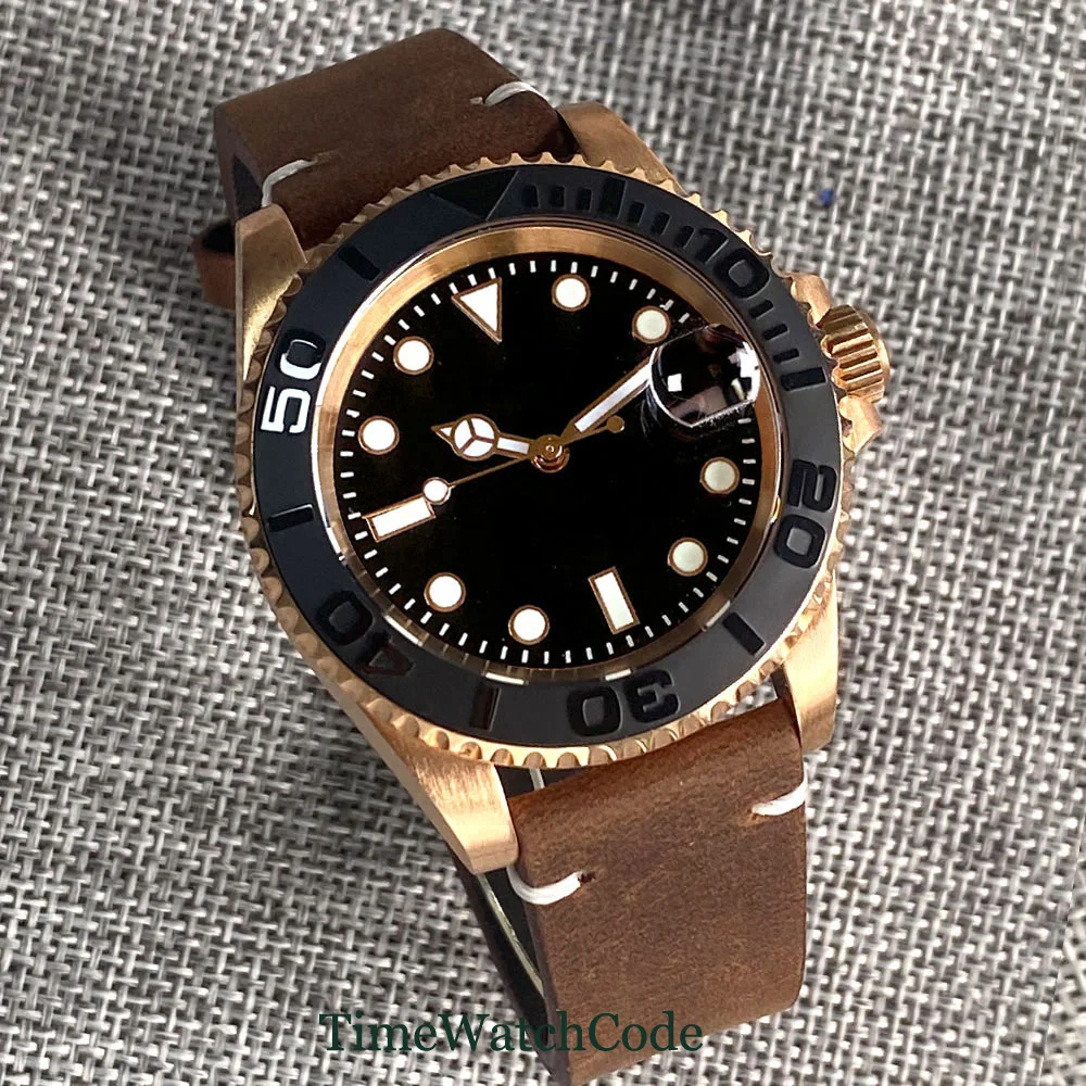 Automatic Mens Watch CUSN8 Solid Bronze NH35 Asia2824 MIYOTA8215 Date Black Dial Leather Strap Sapphire Glass Tandorio 40mm