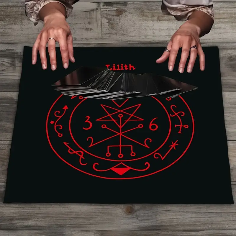 VIKAMA Black Red Pattern Magic Array Tarot Tablecloth, Ceremony Altar Mat for Card Divination