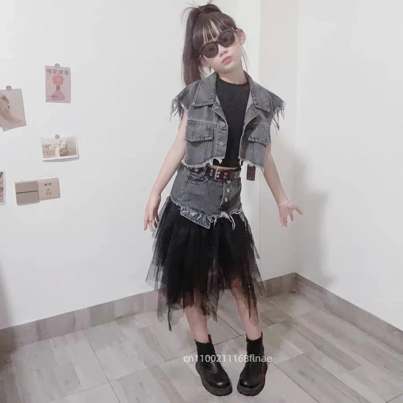 Jazz-Tanz-Outfit-Set für Mädchen, Denim-Stoff, Streetdance, Tanzgruppe, Bühnenbekleidung, Kinder-Modenschau, Aufführung, Kindertanz – Detail 2