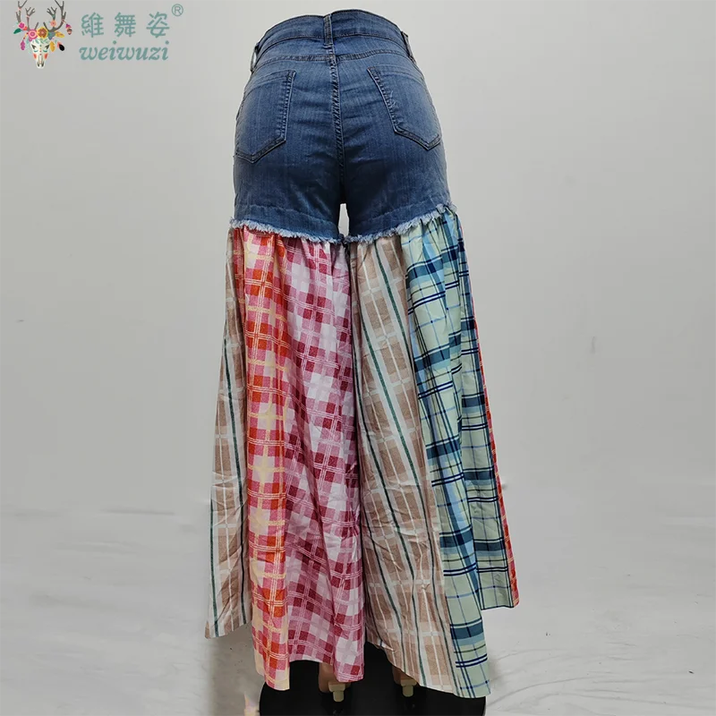 Damskie kolorowe jeansy z szerokimi nogawkami, patchworkowe, w kratę, zapinane na zamek, w stylu vintage, streetwear, jesienne, outdoorowe, dżinsowe spodnie.