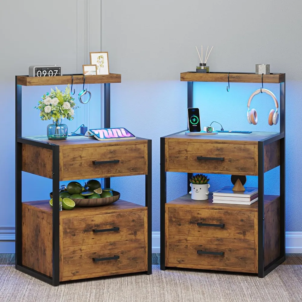 

Nightstands Set of 2 with LED Lights, 3 Drawers Night Stands with Charging Station, Rustic Brown Bedside Tables with Stor