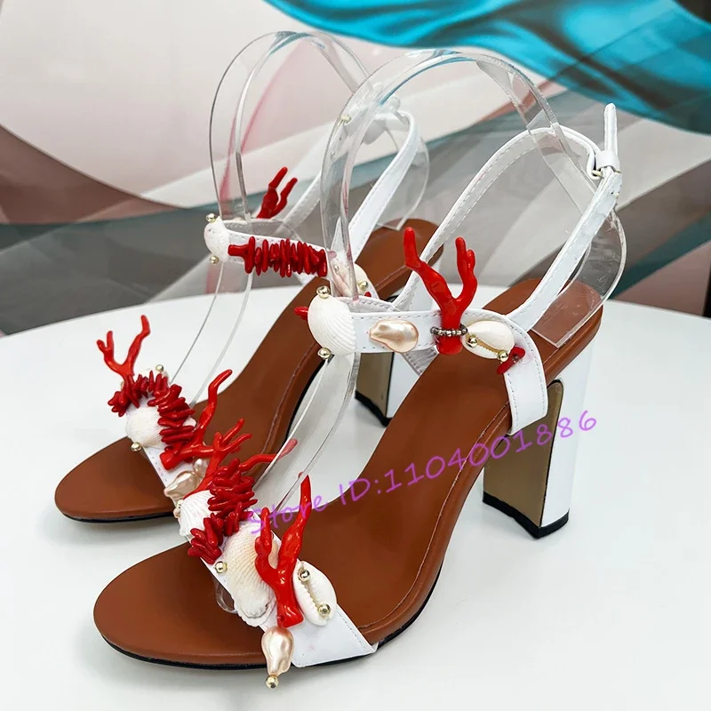 

Coral Shell Decor Thick Heel Sandals Brand Design Open Toe Ankle Buckle 10CM High Heels Summer New Party Runway Shoes Big Size