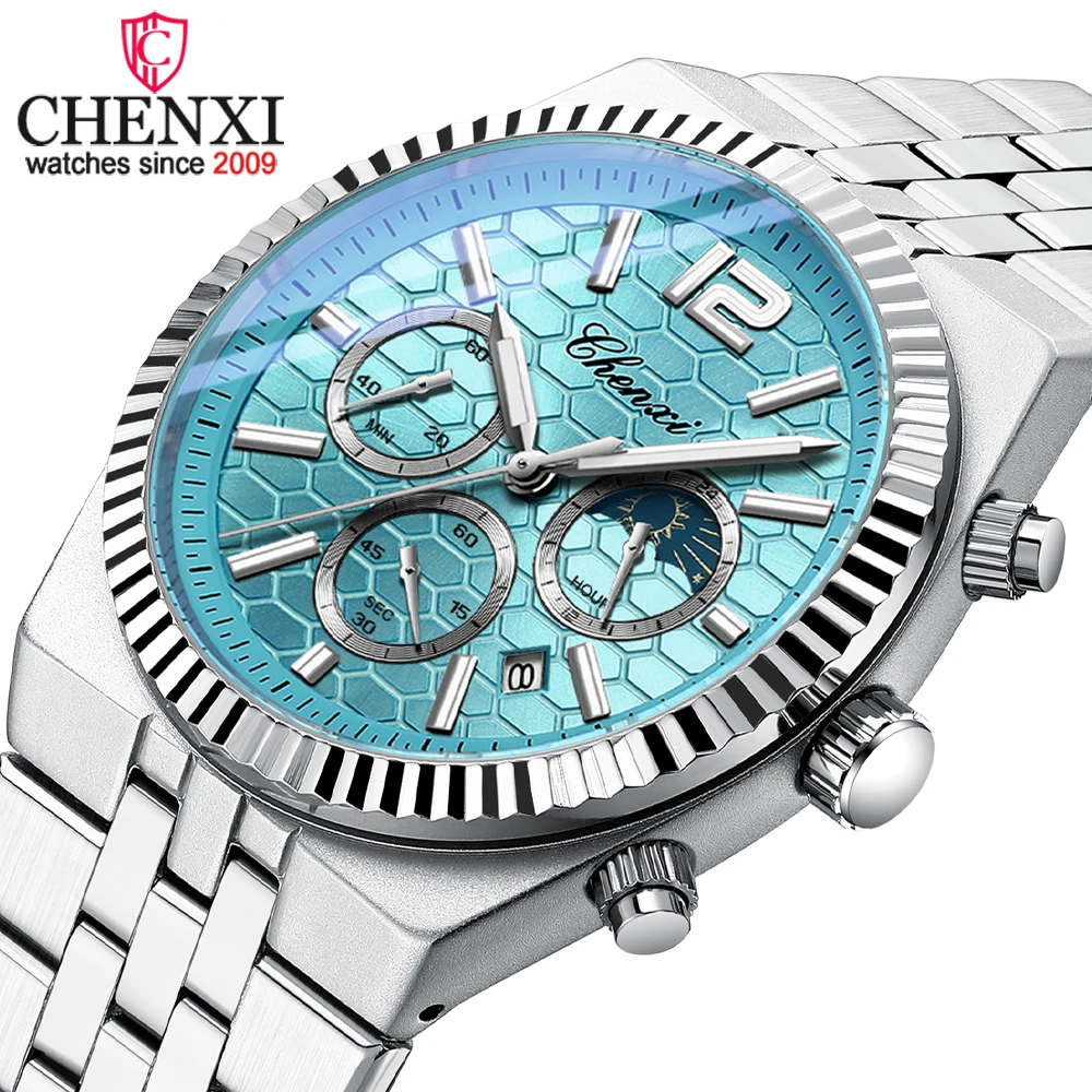 ساعة كوارتز رجالية أصلية من CHENXI مقاومة للماء كرونوغراف للأعمال للرجال، ساعة يد مضيئة بحزام فولاذي أنيق للرجال