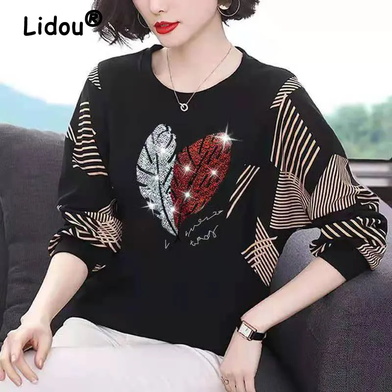 Women's O-Neck Long Sleeve Oversized Pullovers, Elegant Fashion, Diamonds, Batwing Sleeve, Women's Clothing T-Shirt, Spring,
