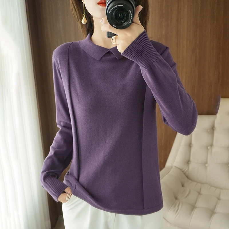 Women's Pullover Spring/Autumn New Style 100% Cotton Sweater Casual Solid Knitwear Ladies' Tops Loose Doll Collar Basic Blouse