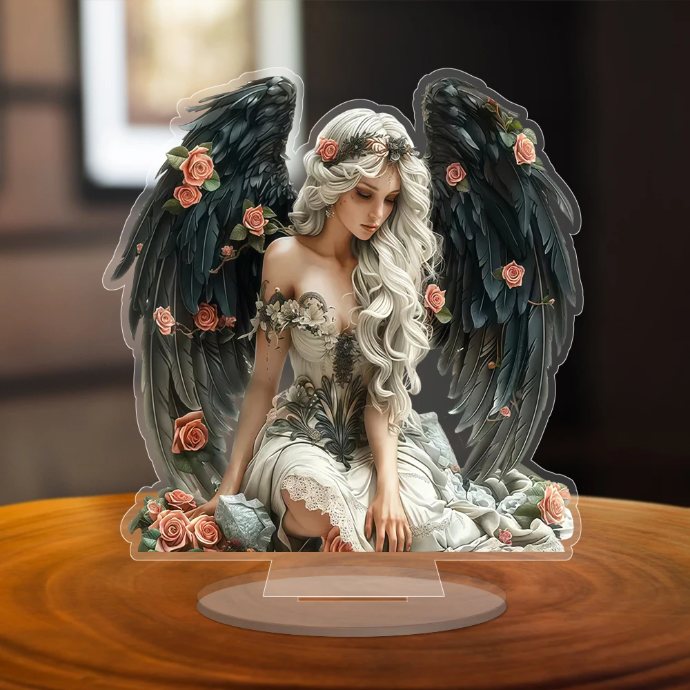 Contemporary Acrylic Angel Girl Christmas Decorative Sign with Stand, Multifunctional Home & Office Desk Plaque, English Inscrip