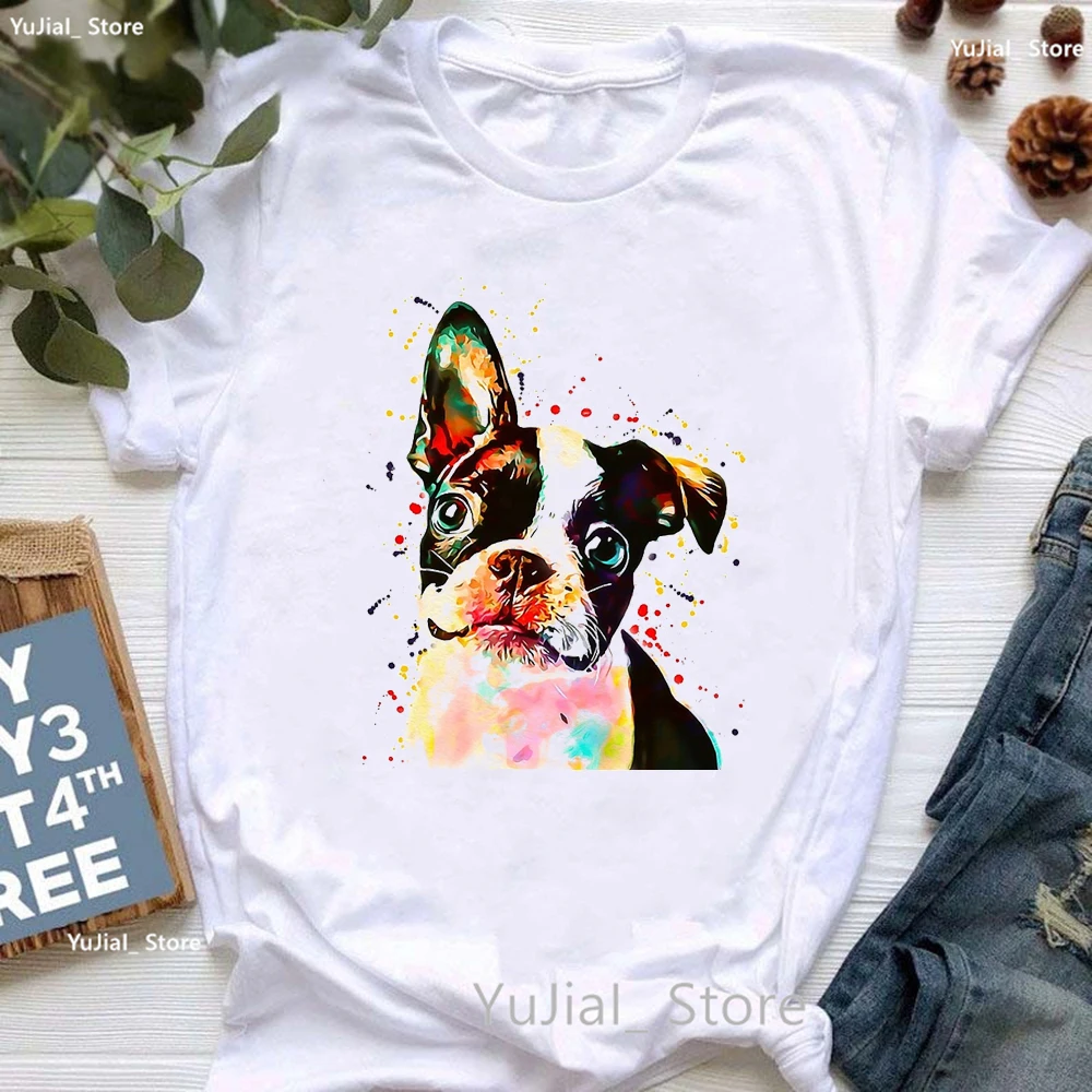 Boston Terrier Sugar Skull Animal Print T Shirt Girls Watercolor Dog Lover Tshirt Women Summer Fashion Tops Tee Shirt Femme