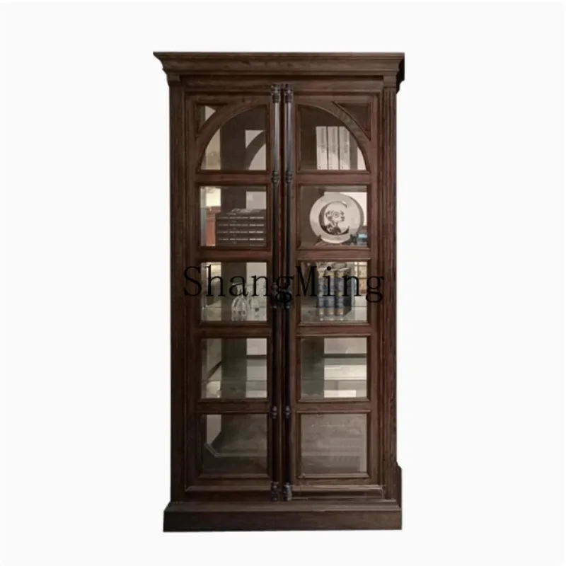 

ZJH retro solid wood bookcase bookshelf living room dining side cabinet full wall glass door display cabinet locker