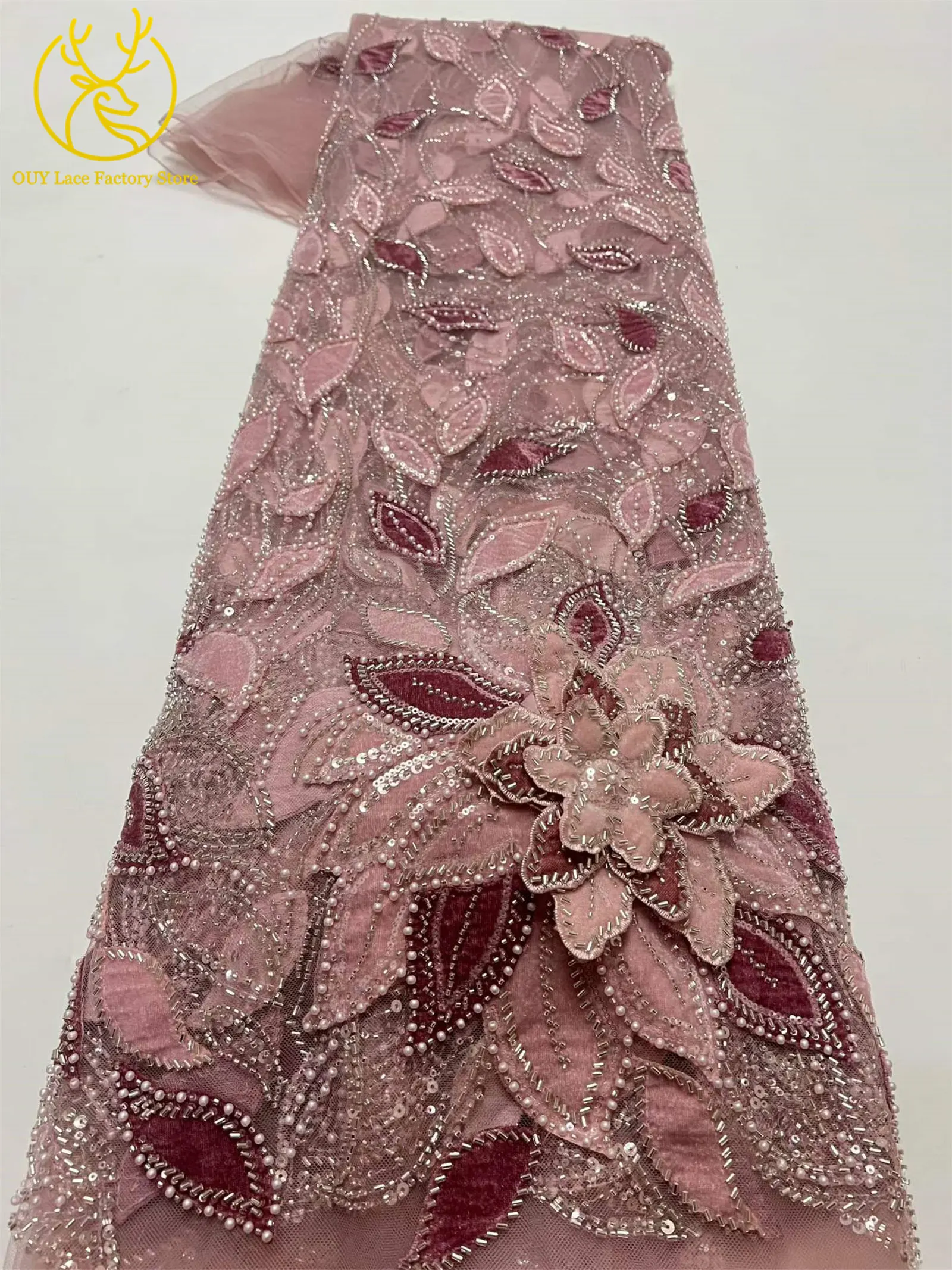 3D-Blumen handgefertigter Perlen-Spitzenstoff, afrikanischer Spitzenstoff, exquisiter nigerianischer Pailletten-Tüll-Spitzenstoff für Hochzeitskleider zum Nähen – Detail 7
