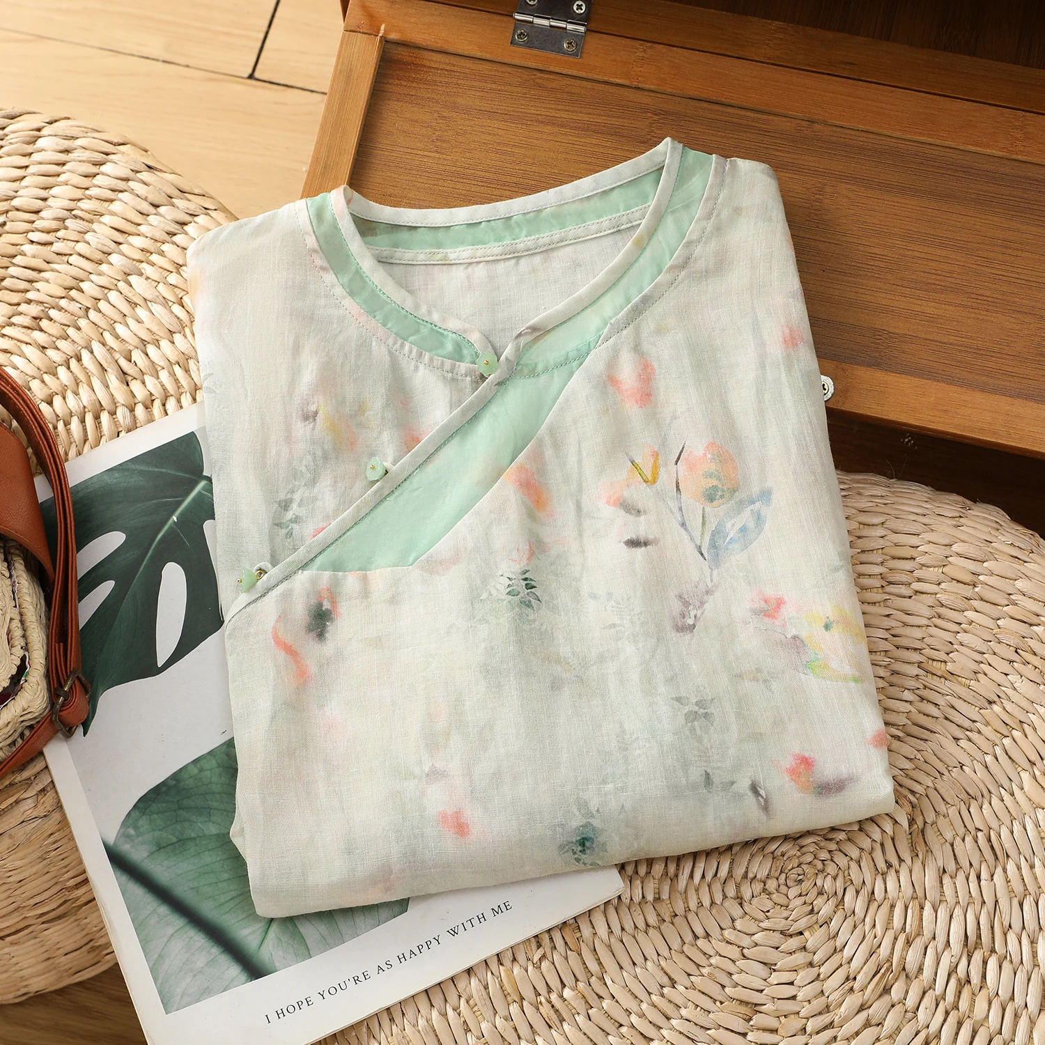 Summer Floral Cotton Linen ort Sve irt Women's Commute Casual Loose Fit Stand Collar Zen Sle Top Chinese New Sle