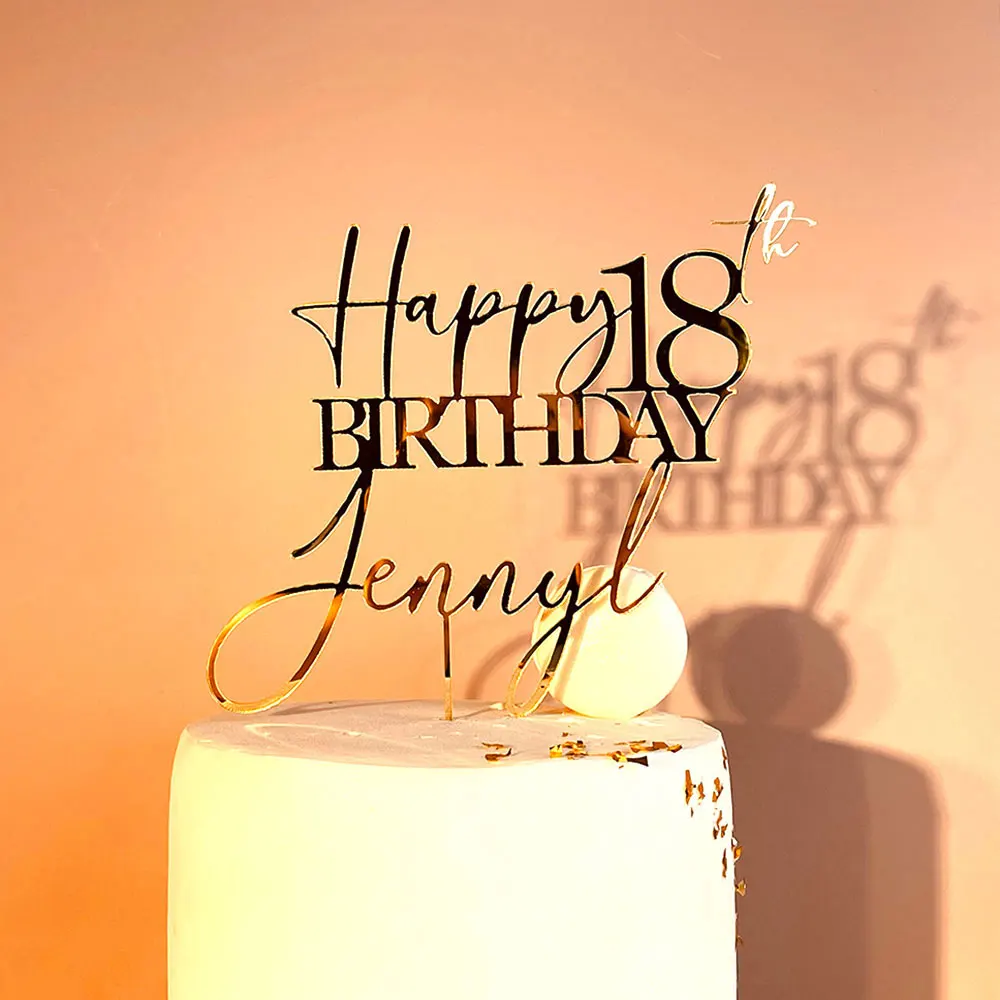 Personalized Happy Birthday Cake Topper Name + Age Cake Topper for Birthday Custom Mirror Gold Cake Toppers Rustic