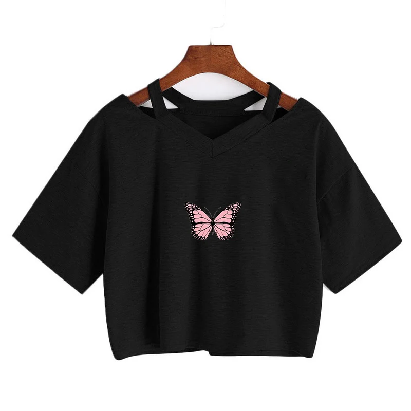 New Summer fashion Gothic T-Shirt Butterfly Crop Top for teenager girls Short Sleeve Harajuku Tee V-neck short tshirt