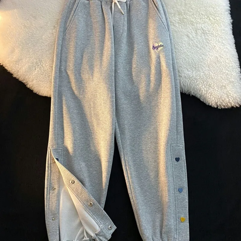 

Women's Grey Drawstring Sweatpants Fashion High Waist Straight Wide Leg Pants Simplicity Baggy Bind Feet Trouser Ladies Autumn