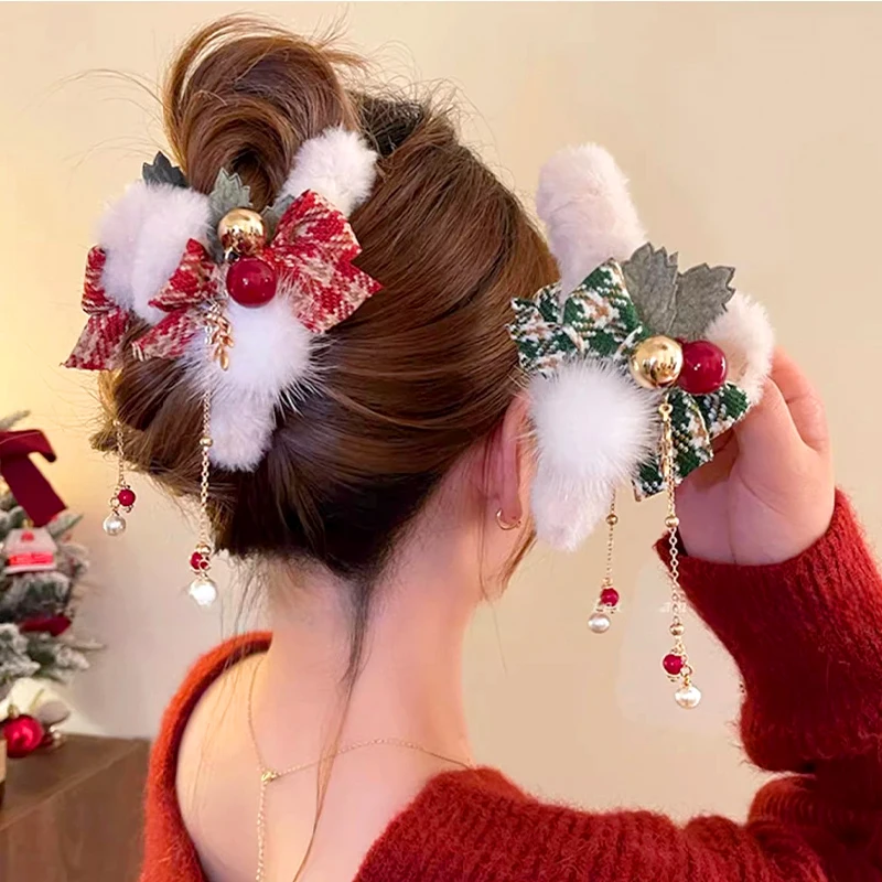 Christmas Plush Hair Claw Bowknot Tassel Hair Clip For Women Christmas Gift New Year Hairpin Headwear Hair Accessories