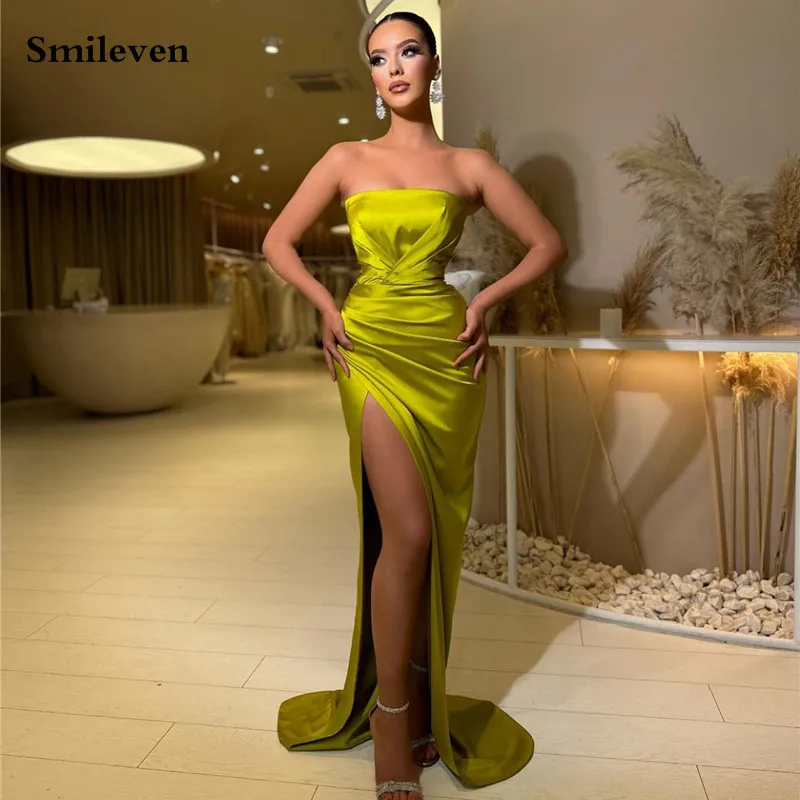 

Smileven Golden Mermaid Formal Evening Dresses Sexy Strapless Pleats Party Dress High Side Split Cocktail Gowns Plus Size 2023